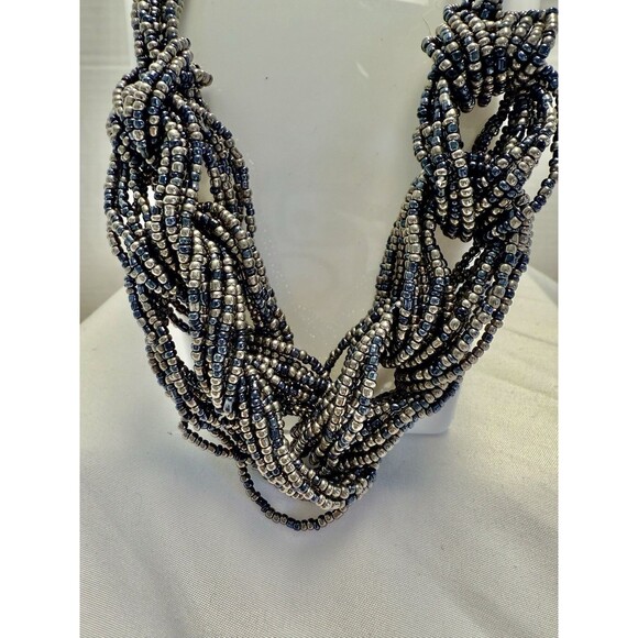 Vintage Black & Dark Blue Gunmetal metallic Seed Beaded Multi-strand Necklace - Picture 2 of 4